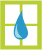 A graphic design image of a green window with a blue water drop in the middle representing mould