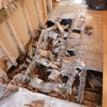 An image showing acute and aggressive decay to suspended floor structure by Dry rot fungal infestation