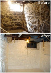 an image of a before and after of a basement that has been protected with a damp proof coating